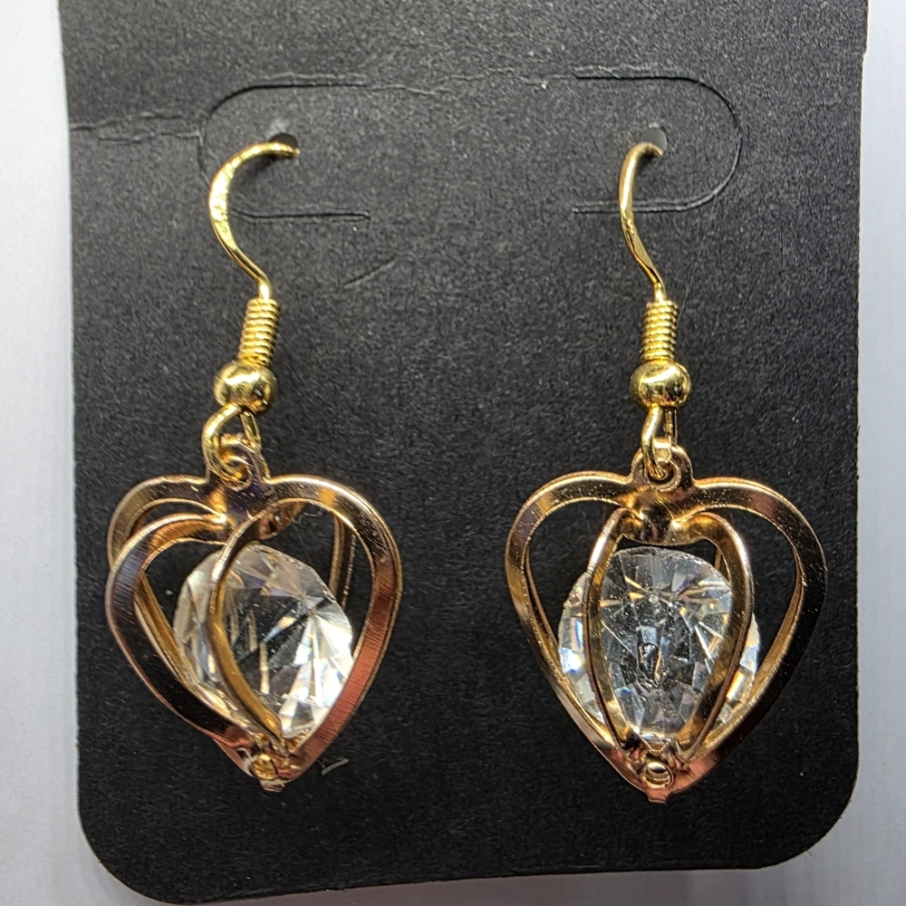Clear Rhinestone in Gold‎ Heart Cage Earrings Handmade Hypoallergenic